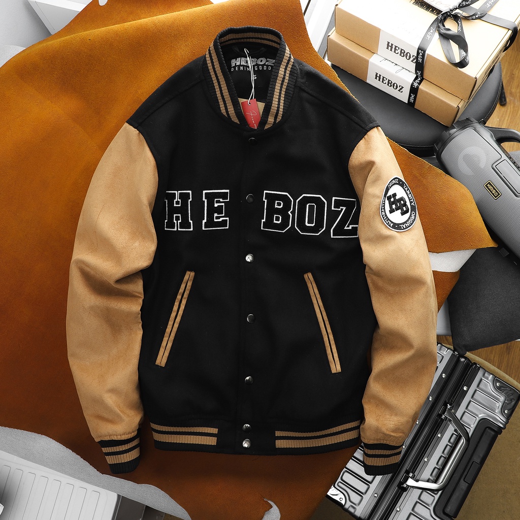 Áo khoác nam HEBOZ varsity club, jacket chất vải nỉ dày dặn cao cấp - NÂU - 00001216