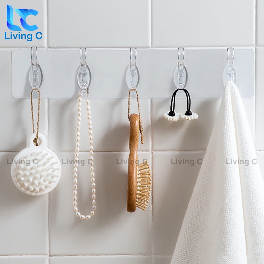 Móc treo quần áo dán tường Living C, giá treo đồ 5 móc kép nhựa loại lớn không cần khoan đục tiện lợi _T5M