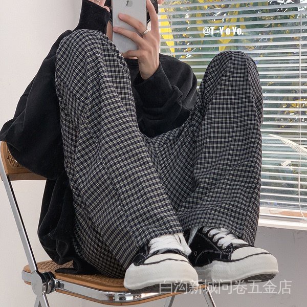 American-style oversize pants high street ins fashionable pendant straight chic retro plaid pants men's wide leg mop pants