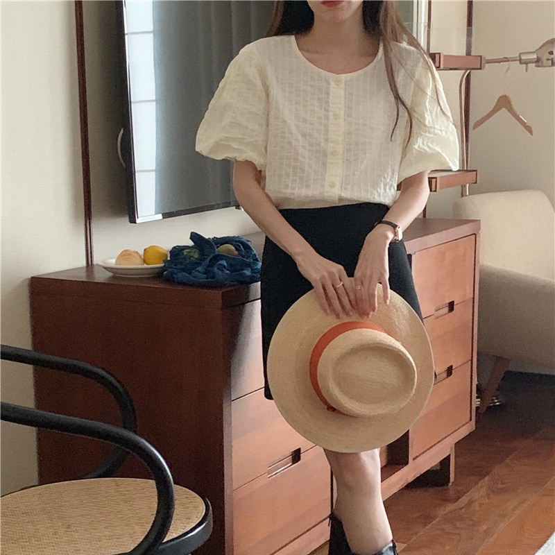 SUXI Áo Thun Tay Ngắn Cổ Tròn Màu Sắc Đơn Giản Phong Cách Vintage Hàn Quốc