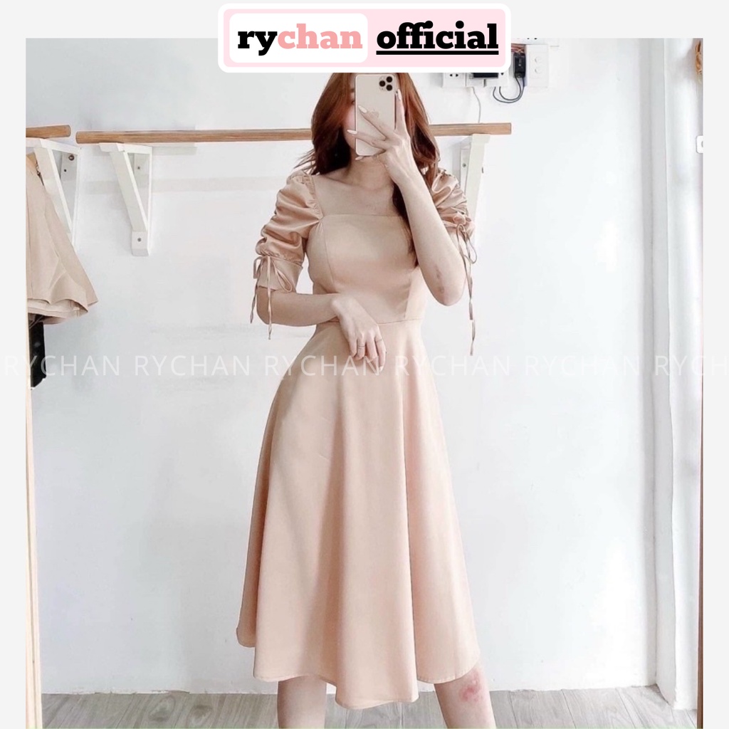 Đầm Váy Nữ Dự Tiệc Sang Trọng Cổ Vuông Dáng Xòe Tay Nhún Ngắn Phối Dây Thắt Nơ Nữ Tính Màu Kem [ẢNH THẬT CUỐI] - DX9778