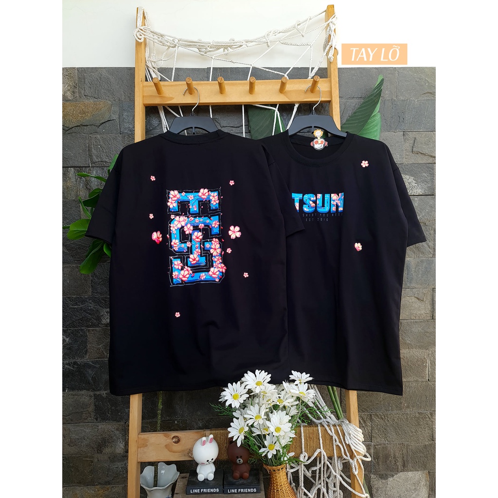 Áo phông áo thun nam nữ tay lỡ from rộng freesize chất cotton thoáng mát in hoa đào mokishop