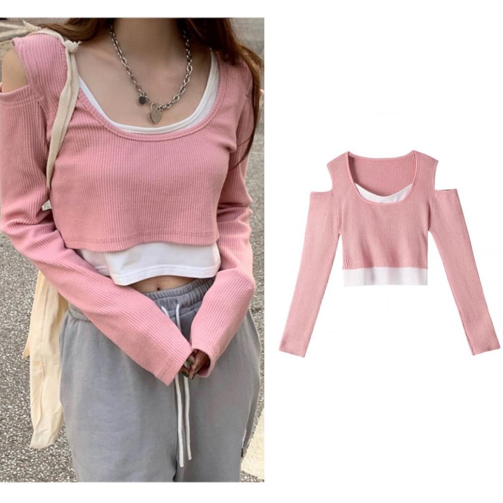 Áo Croptop Nữ Dài Tay Phối Layer DAILY Vải Thun Gân Form Ôm - Tuni Store !