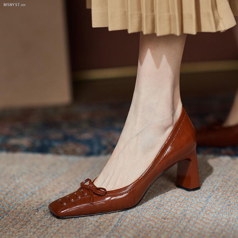 Giày cao gót thắt nơ gót vuông dày thời trang mùa xuân dành cho nữ 2021