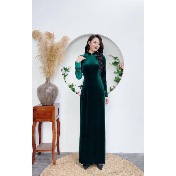 Áo Dài truyền thống Nhung màu Xanh lá, Nhung lì cao cấp, co giãn, chuẩn phom dáng, đủ size. Áo dài Ngọc Trang may sẵn