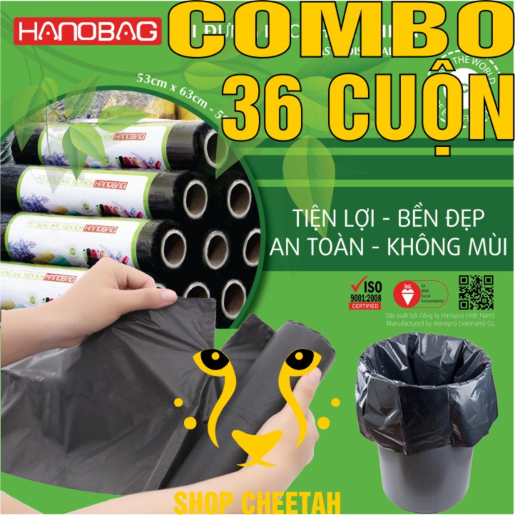 36 Cuộn Túi đựng rác tự xé KT: 53cm x 63cm x 0,5kg – Túi đựng rác an toàn HDPE – Màu đen – Túi dày và sạch không mùi