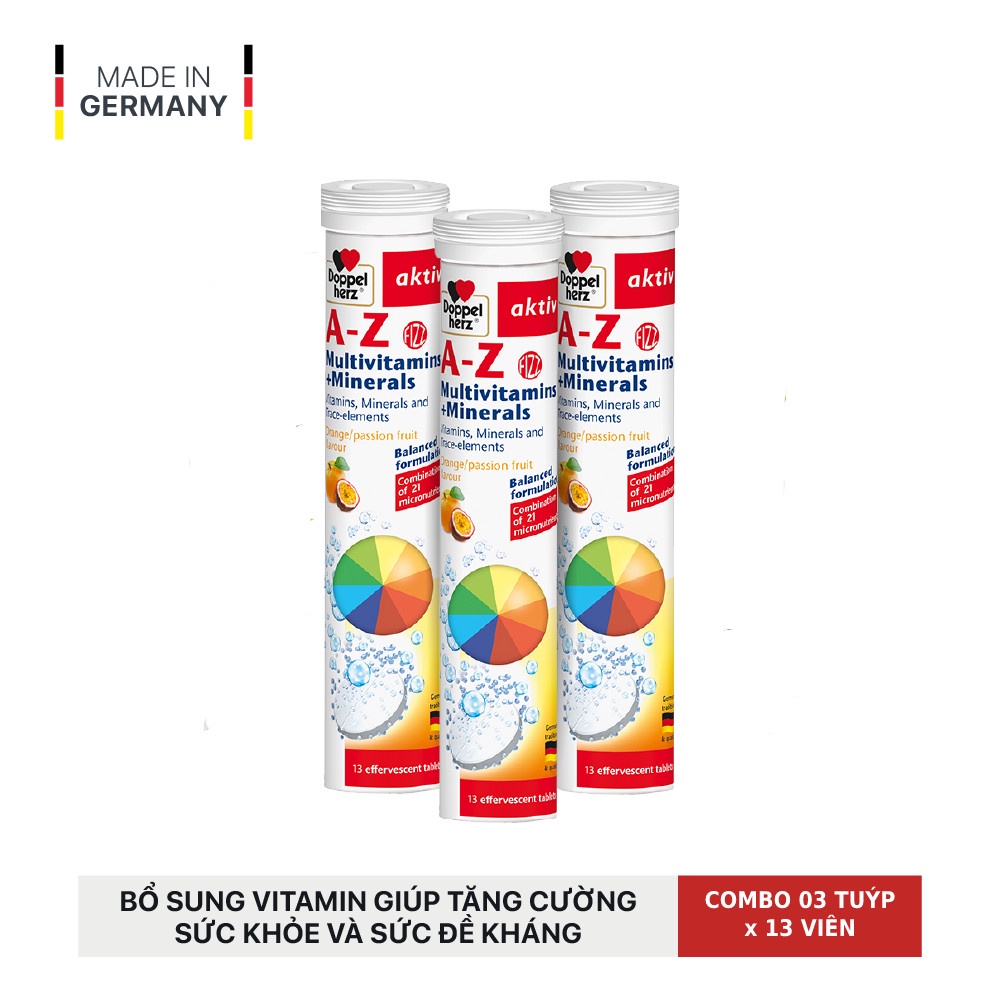 Combo 03 tuýp viên sủi bổ sung 21 Vitamin và khoáng chất Doppelherz A-Z Fizz Multivitamins and Minerals (Tuýp 13 viên)