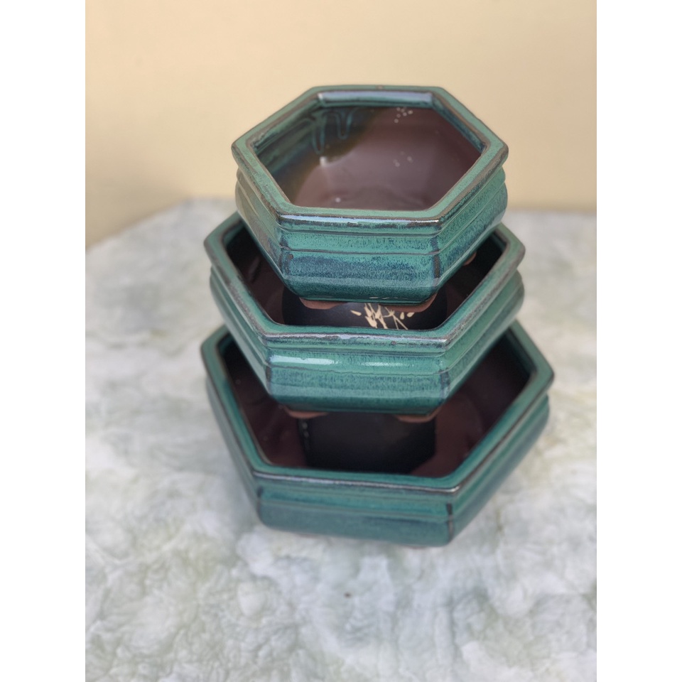 Chậu bonsai Lục giác mini xanh ngọc gốm Bát tràng 1 size BM-189