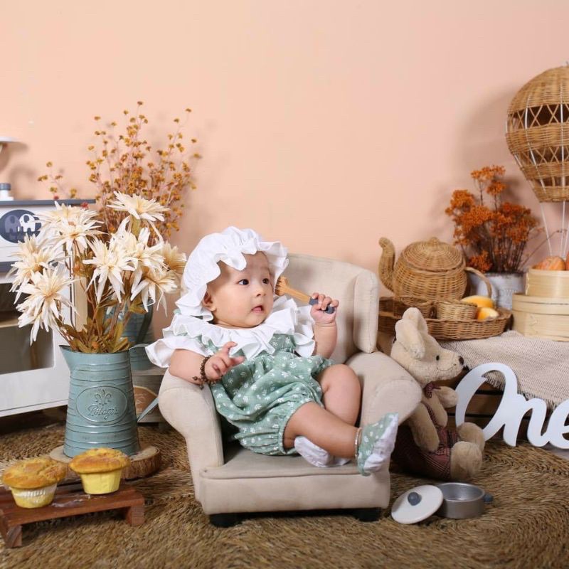Bodysuit áo liền thân xanh kèm nón thiết kế cao cấp cho bé gái sơ sinh - Riokids BD12