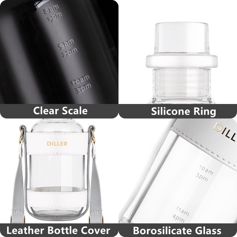 Bình nước DILLER MLH552 bằng thủy tinh có dây đeo da dung tích 510ml / 520ml