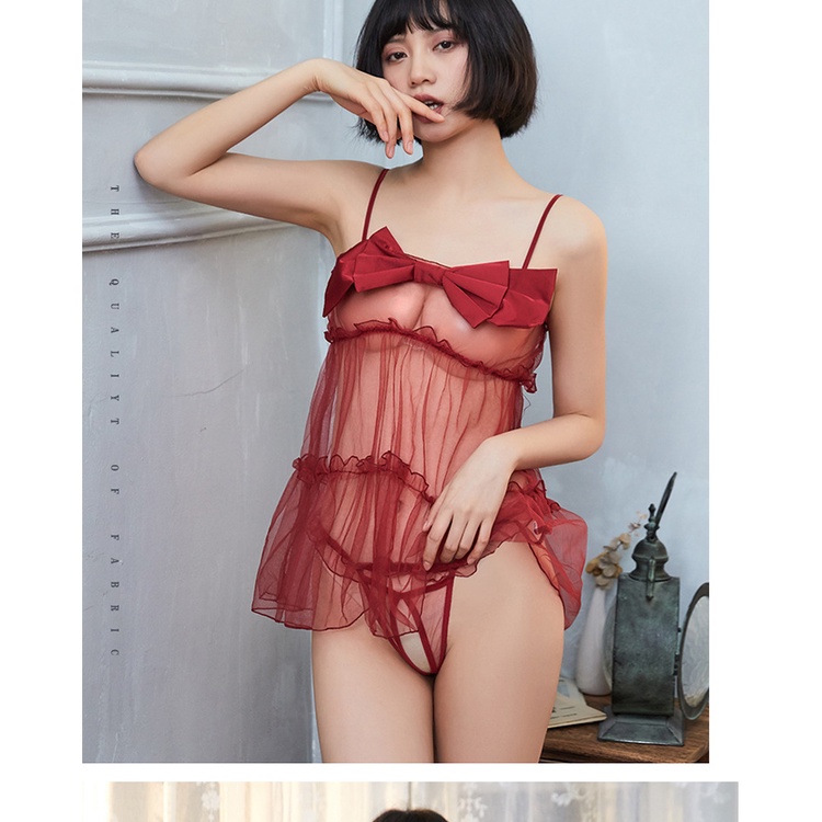 Váy ngủ xuyên thấu đính nơ trước ngực - Concept Noel, món quà sexy Giáng Sinh