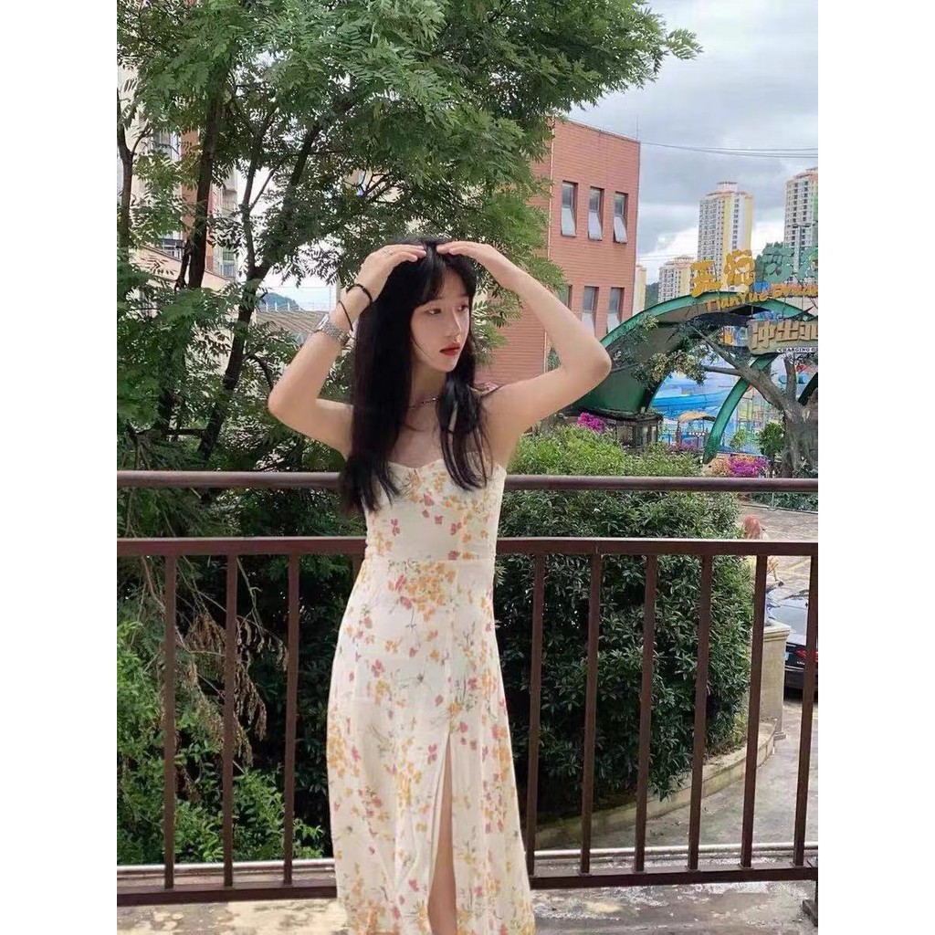 Đầm dây họa tiết hoa phong cách Hàn Quốc cổ điển thời trang dành cho nữ