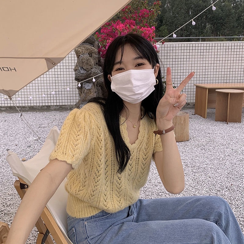 Áo Dệt Kim Tay Ngắn Cổ Chữ V Thời Trang Phong Cách Phương Tây Cho Nữ