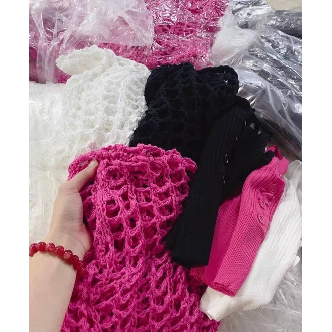 Set áo len 2 dây kèm áo cadigan lưới to cho nữ