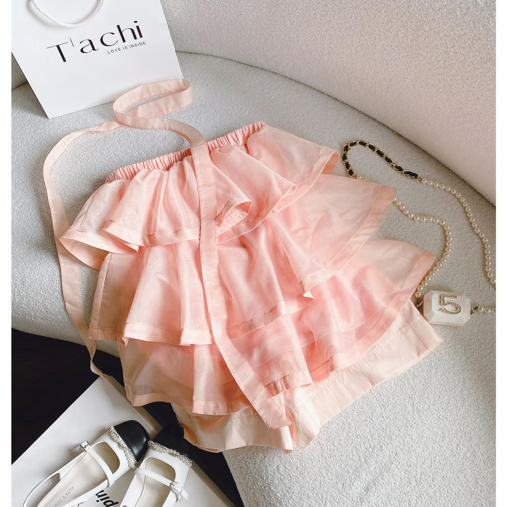 SET ĐẦM BỐNG TẦNG HỒNG CAM BBD BÈO TẦNG + QUẦN SHORT KEM CAM (TH)