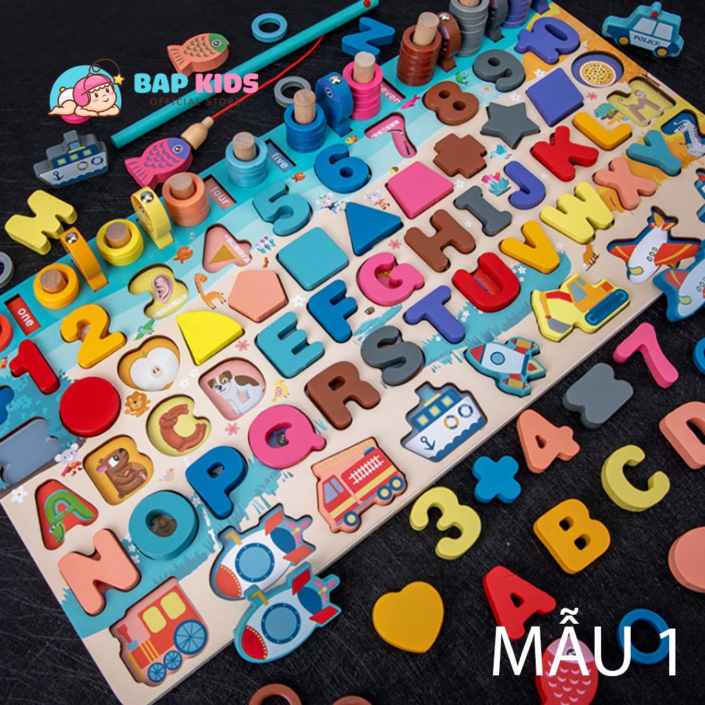 Đồ chơi câu cá gỗ đa năng 7 trong 1 kèm hình khối, số, chữ và phương tiện giao thông