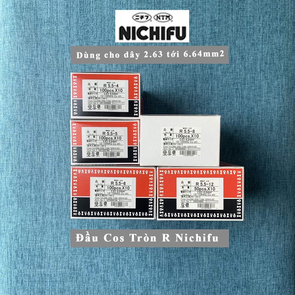 Đầu cos tròn R5.5 Nichifu Nhật Bản- Đầu cốt tròn loại trần -Cho dây 2.63 tới 6.64mm2 R5.5-4 R5.5-5 R5.5-6 R5.5-8 R5.5-12