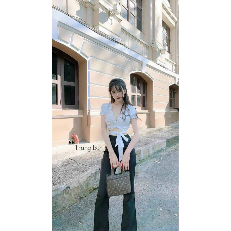 [Ảnh thật] Áo croptop nhún bèo - THẮT NƠ - Có mút