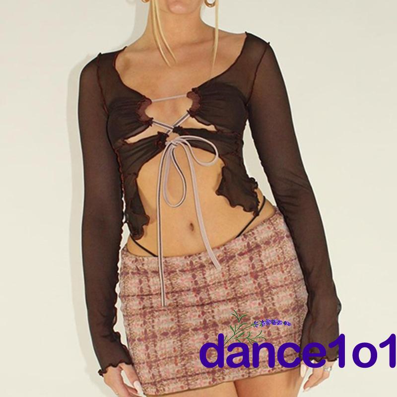 ♧Rd♥Áo Crop Top Tay Dài Khoét Lỗ Thời Trang Dành Cho Nữ