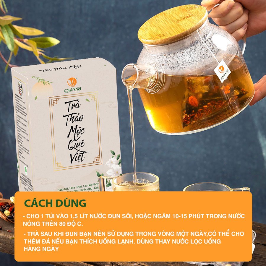 Trà Quê Việt,trà thảo mộc,hoa cúc,gạo lứt,giúp thanh lọc cơ thể,mát gan,ngủ ngon,1 hộp 600gram gồm 20 túi lọc