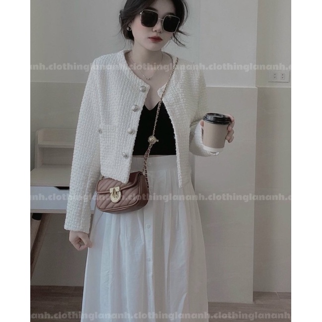 MS462 SET DẠ 3 MÓN : ÁO KHOÁC NÚT + ÁO LÓT ĐEN 2 DÂY + CHÂN VÁY MIDI