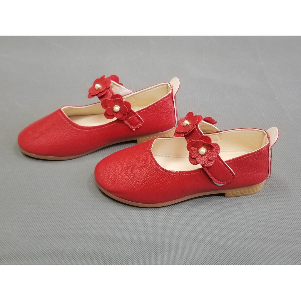 Giày búp bê da mềm đỏ phối hoa bé gái