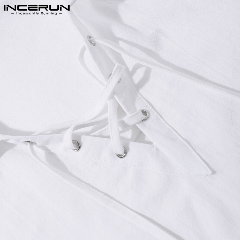 Áo sơ mi INCERUN màu trắng ngắn tay cột dây ở cổ thời trang hè cho nam