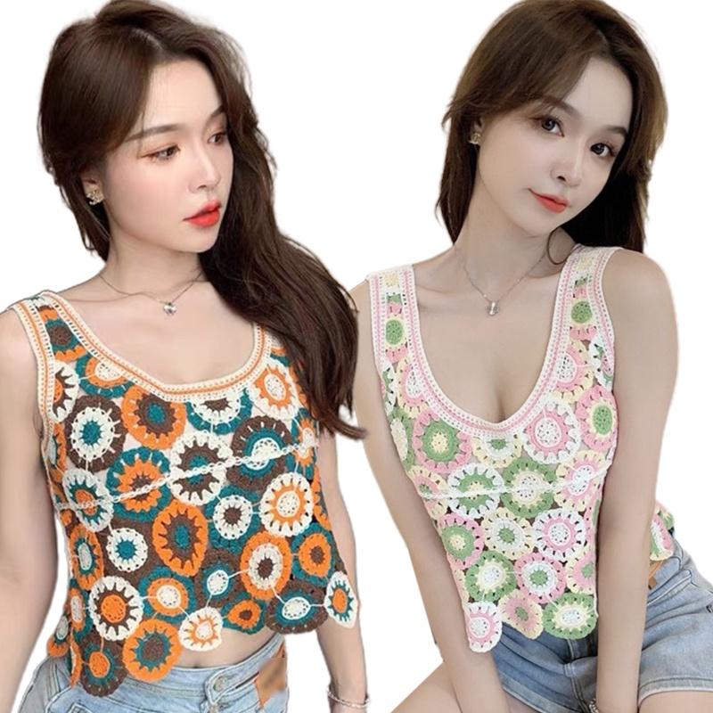 Brroa Áo Crop Top Dệt Kim Không Tay Họa Tiết Hoa Tròn Rỗng Đan Móc Thời Trang Đi Biển Cho Nữ