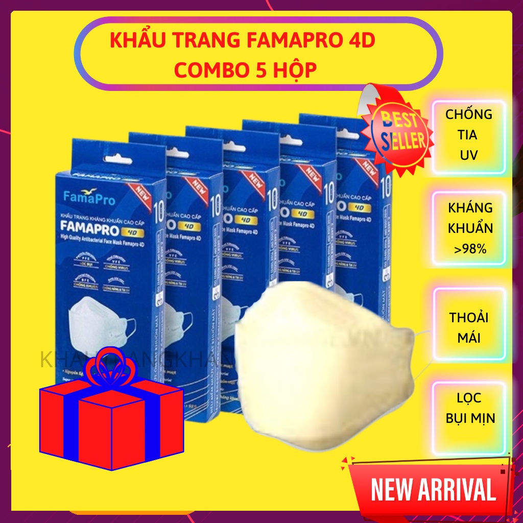 Khẩu Trang Famapro 4D, [COMBO 5 HỘP] - [HỘP 10 CÁI] - Khẩu trang Con Cá, Khẩu Trang trắng, màu...dạng hộp, size lớn