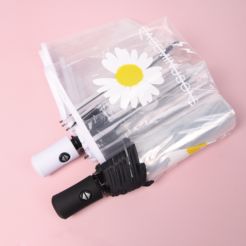 Automatic transparent umbrella folding daisy simple trend Japanese small fresh student wind and wind