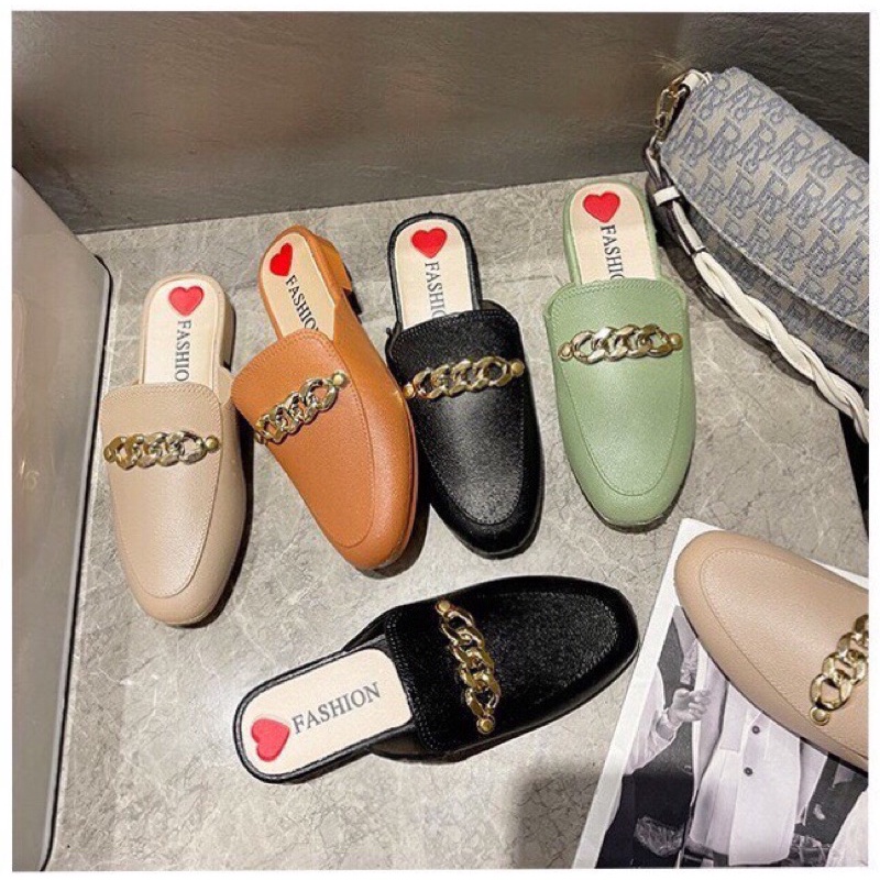 Dép sục nữ thời trang gắn xích 3 màu đen,kem,cam