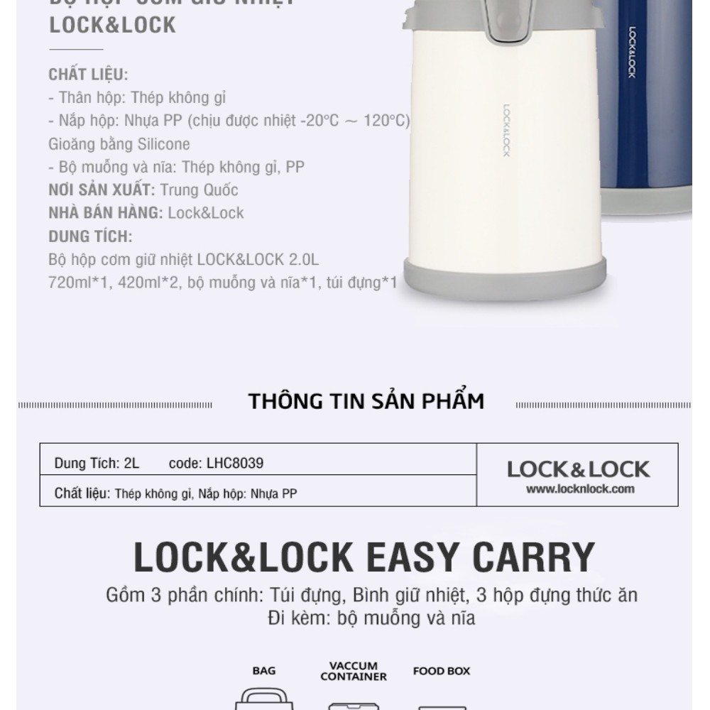 Bộ hộp cơm giữ nhiệt Lock & Lock Easy Carry LHC8039 2L- Hàng chính hãng