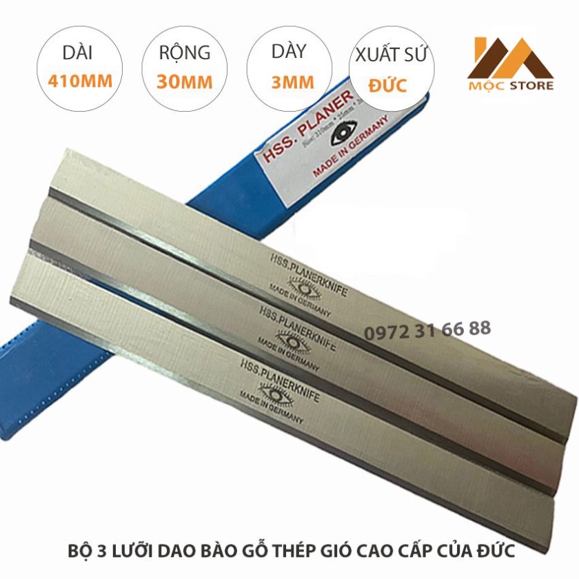 BỘ 3 LƯỠI DAO BÀO GỖ THÉP HSS CAO CẤP 410x30x3MM CỦA ĐỨC - LƯỠI DAO BÀO CON MẮT