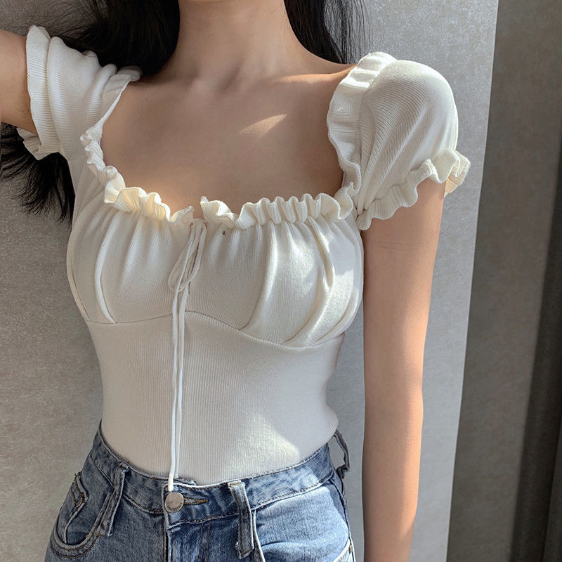 Áo trễ vai dệt kim tay ngắn xếp ly gợi cảm phong cách thường ngày thời trang mùa hè kiểu Pháp dành cho bạn nữ
