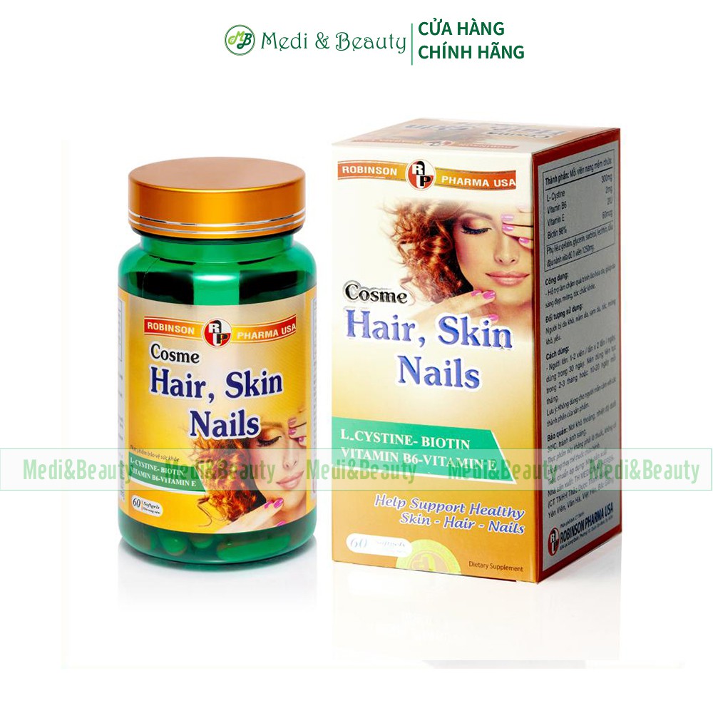 Viên uống ngăn rụng tóc, sáng da, chắc móng Cosme HAIR, SKIN, NAILS Chai 60 viên Medibeauty