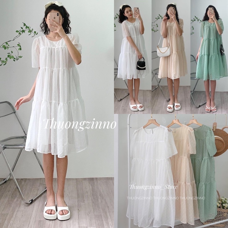 [Ảnh thật/Video]Đầm babydoll White dáng dài  ba tầng hạt nổi chất voan tơ đẹp nhẹ nhàng Váy lụa Hàn