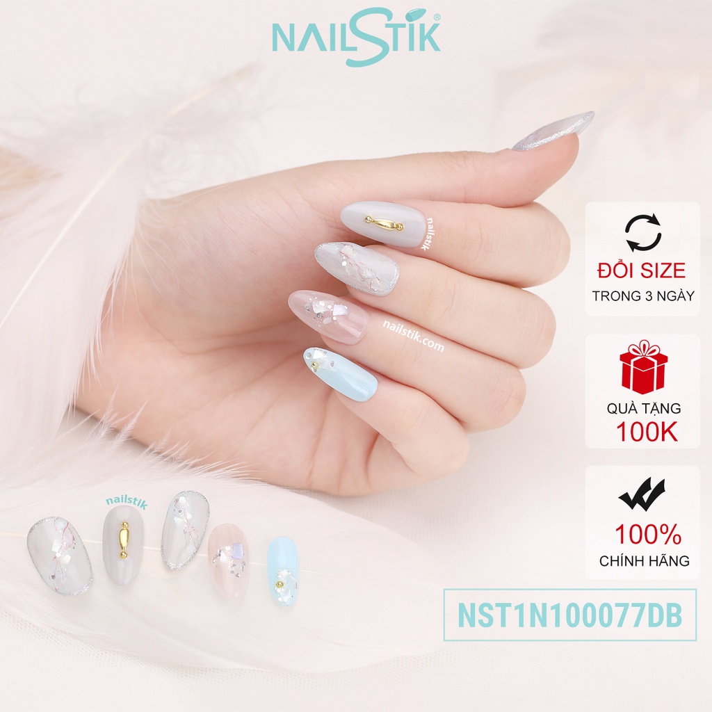 Móng úp thiết kế by NAILSTIK, màu xanh dương, xám, form móng bầu, ngắn/dài,  077