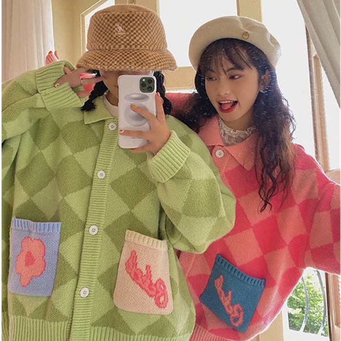 Áo khoác cardigan len dáng rộng kẻ sọc đính đá dễ thương cho nữ