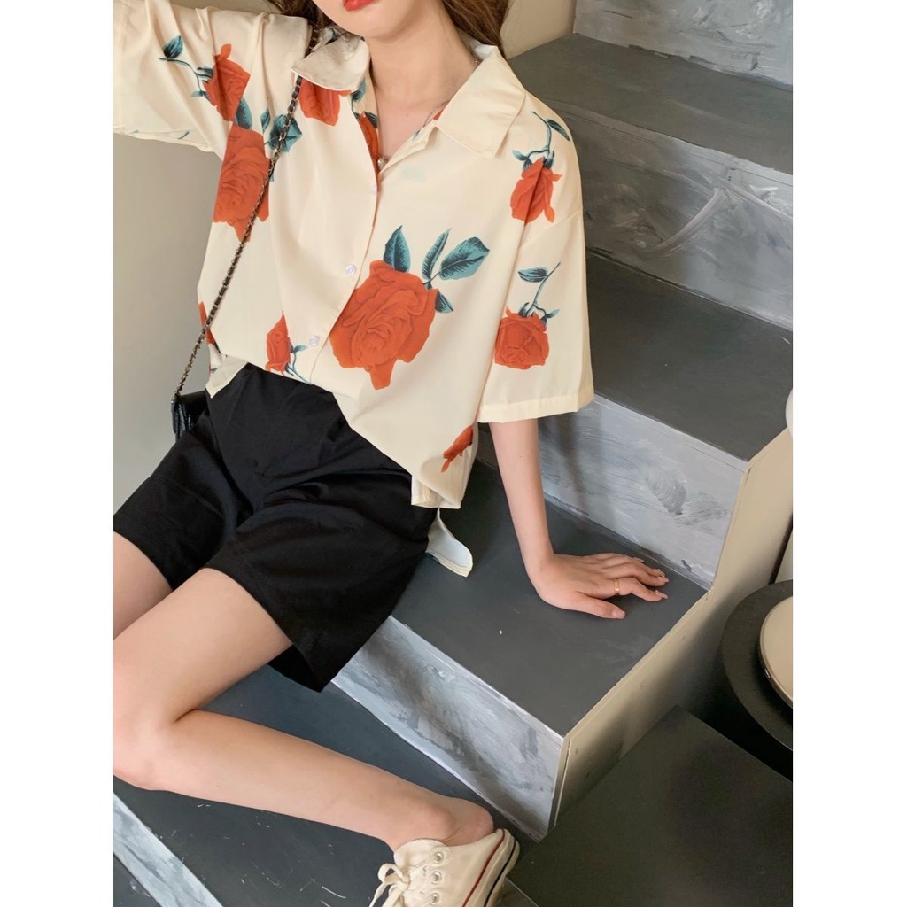 Áo Sơ Mi Ngắn Tay Họa Tiết Hoa Hồng Thời Trang Dành Cho Nữ