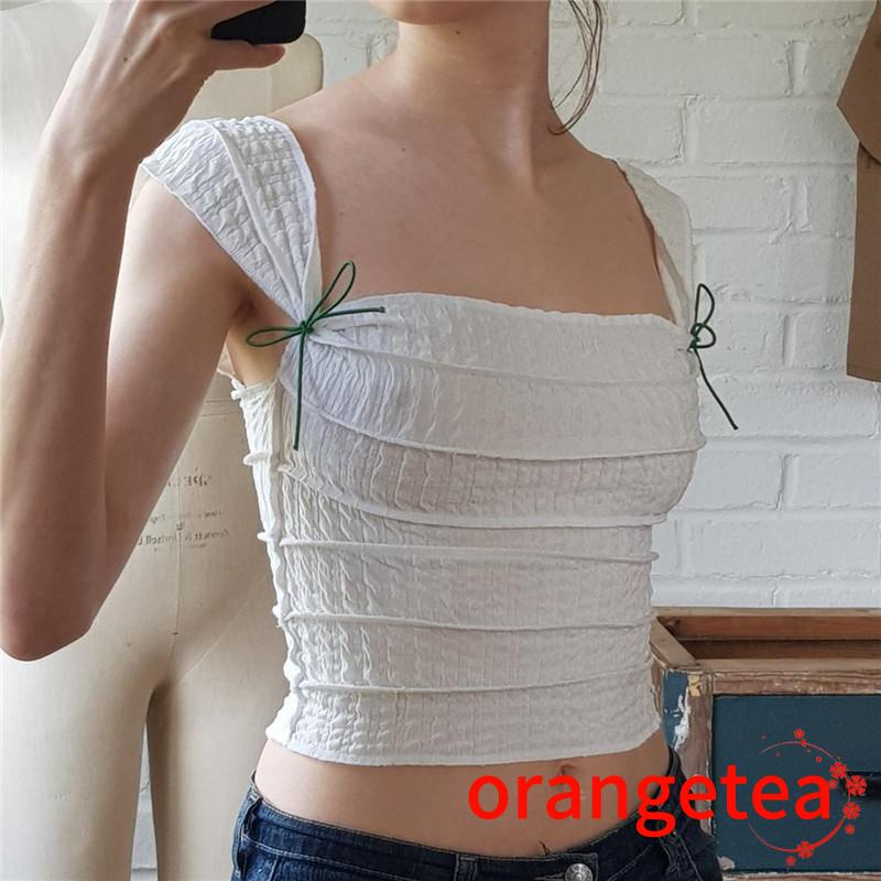 Áo Lửng Sát Nách Cổ Vuông Màu Trơn Buộc Dây Thời Trang Cho Nữ