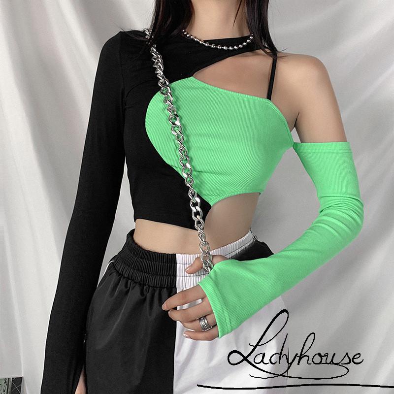 Áo Thun Tay Dài Lệch Vai Màu Sắc Tương Phản Dành Cho Nữ