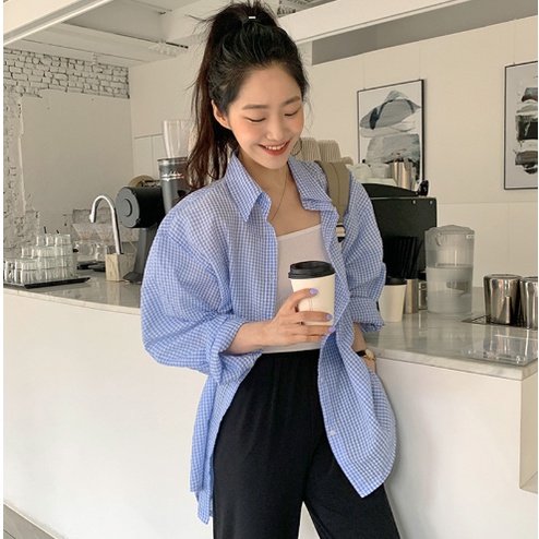 Áo sơ mi nữ form rộng kiểu dài tay dáng đuôi tôm đẹp chất vải xốp kẻ công sở Hàn Quốc M13