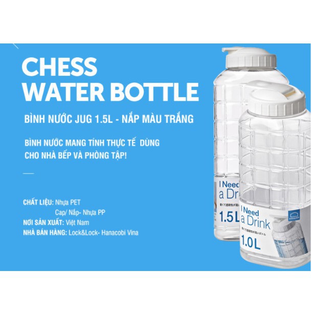 Bình Đựng Nước Lock&Lock Chess Water Bottle HAP810 [1L] HAP812 [1.5L] Nắp Màu Trắng, Chịu Nhiệt Tốt