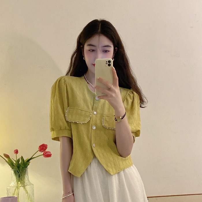 Áo Sơ Mi Tay Ngắn Phồng Cổ Vuông Phong Cách Preppy Thời Trang Mùa Hè Dành Cho Nữ