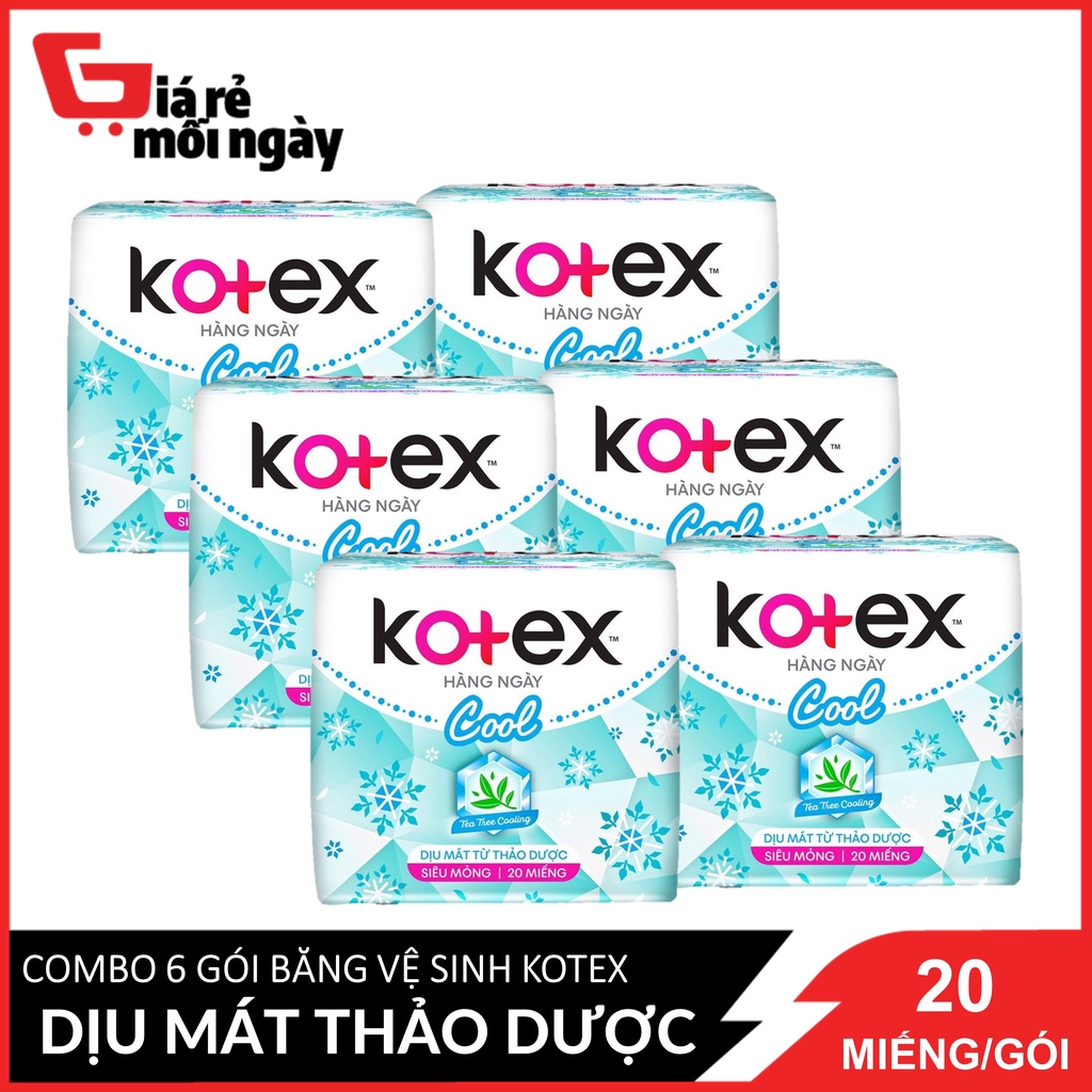 Combo 6 Băng Vệ Sinh Hàng Ngày Kotex Dịu Mát Từ Thảo Dược 20 miếngx6