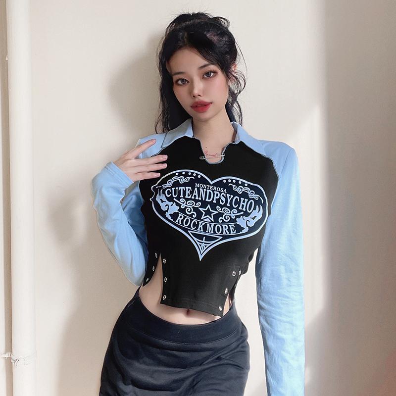 Áo thun nữ tay dài cổ áo polo in màu tương phản phong cách vintage
