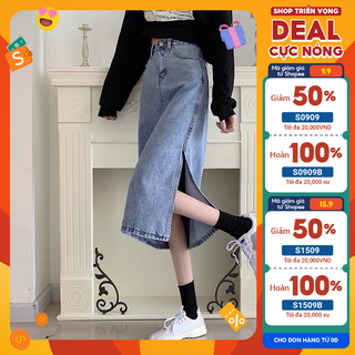  Chân Váy Bò Dài Xẻ Tà ,Váy Jeans Chữ A DENIM cạp cao 