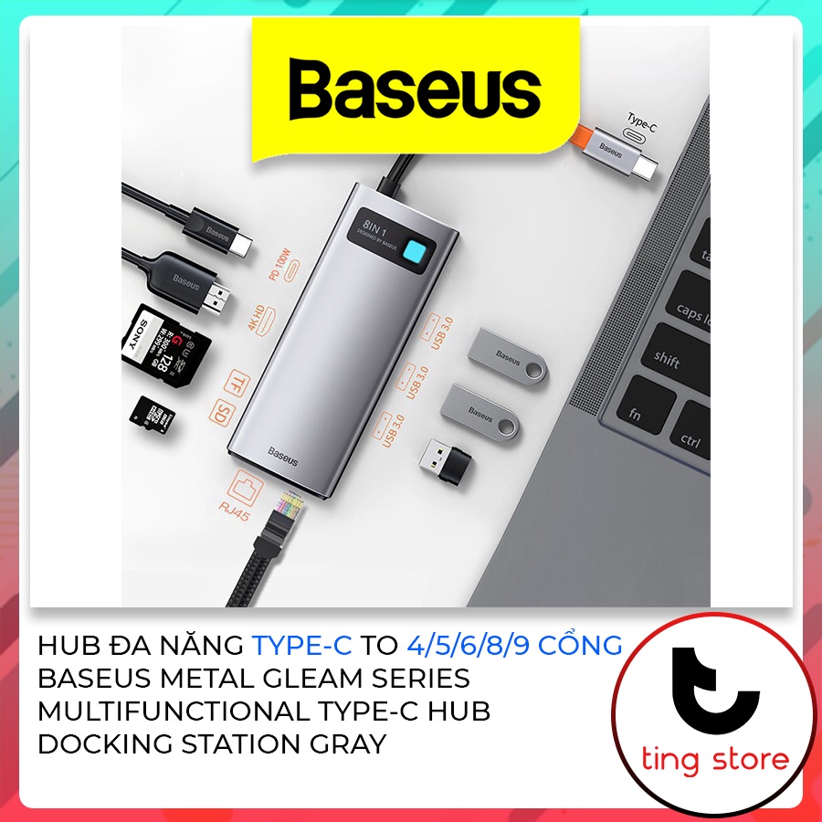 Hub Chuyển Đổi Đa Năng 4 - 9 Cổng Baseus Metal Gleam Series Multifunctional Type-C To HDMI/USB3.0/RJ45/SD Card &amp; More