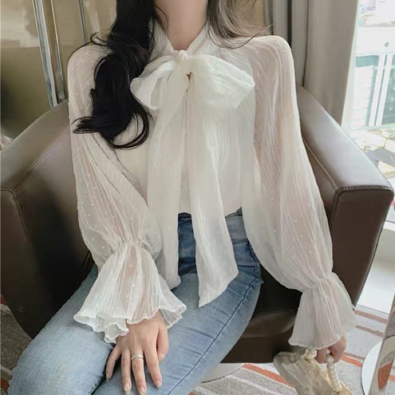 Áo sơ mi cổ thắt nơ tay bó tiểu thư sang chảnh