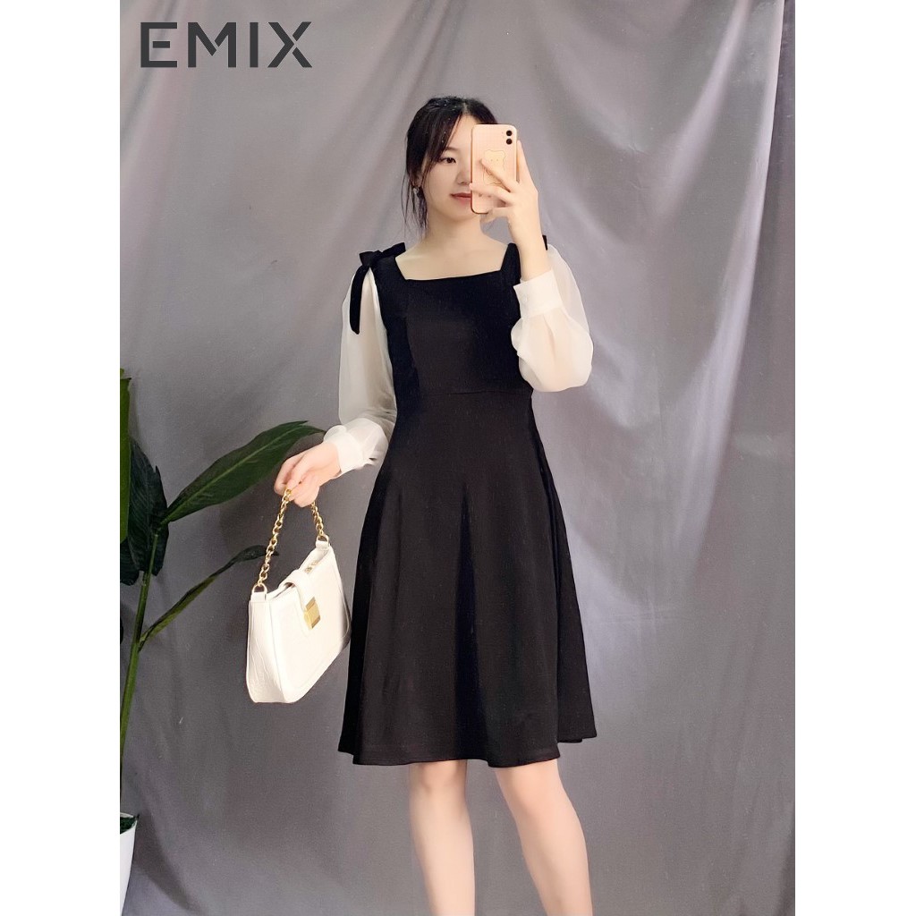 Váy đen cổ vuông nơ vai phối tay bồng trắng EMIX | WebRaoVat - webraovat.net.vn